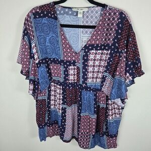 Ella Moon Blouse Women Patchwork Print V-Neck Short Sleeve Top Bohemian Large